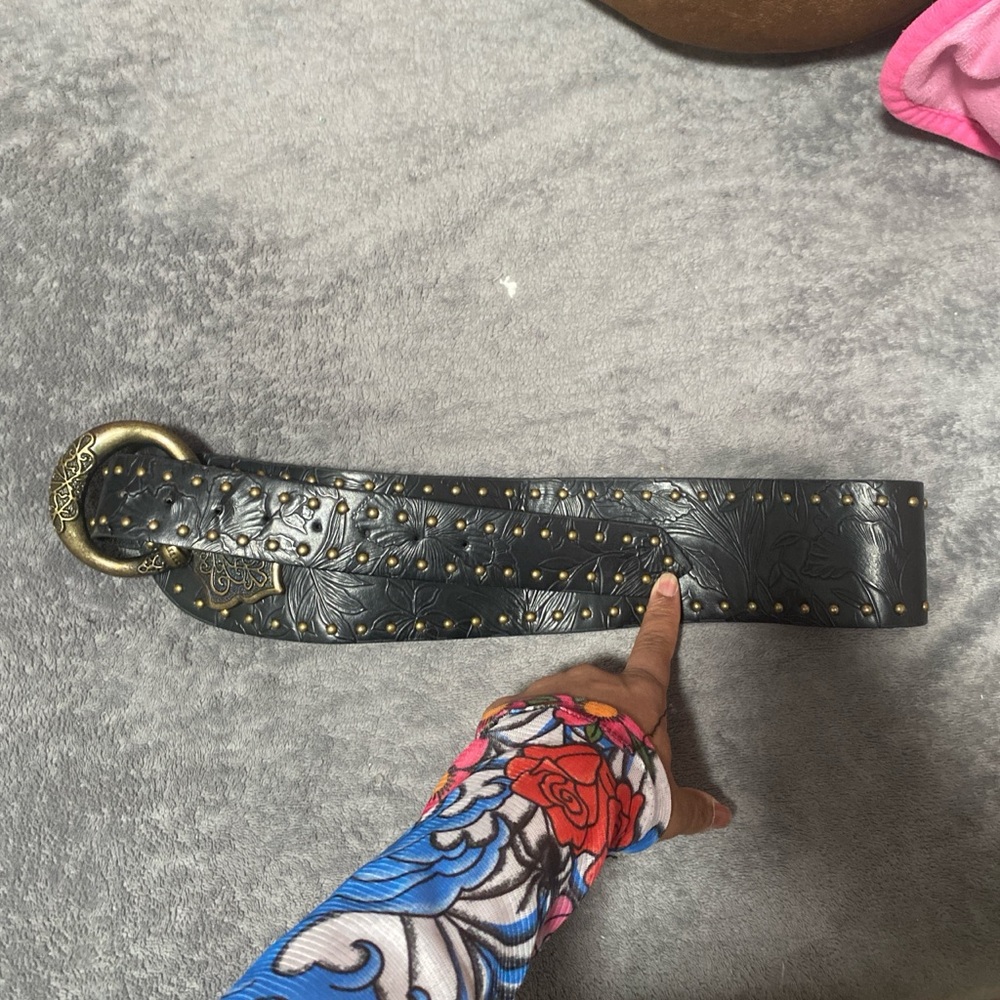 Elegant Black Embossed Belt with Gold Studs